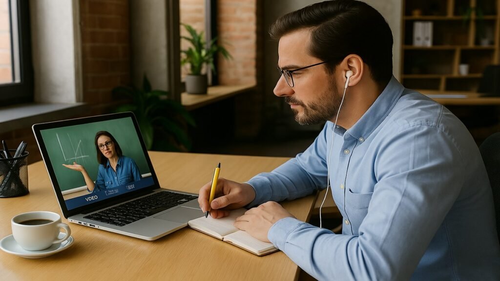 Estudante assistindo aula online com foco total e ambiente organizado