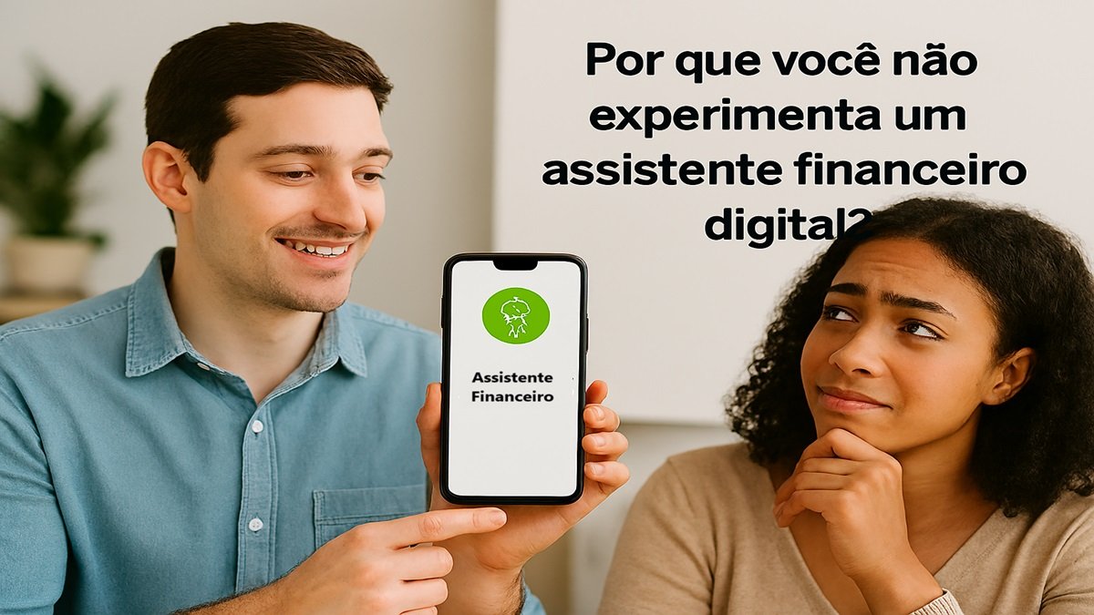 Homem apresenta aplicativo de assistente financeiro digital para mulher pensativa.