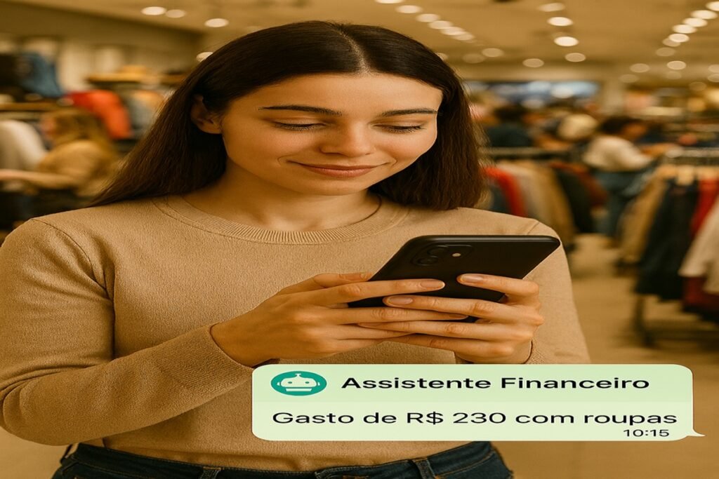 Mulher registra compra de roupas no assistente financeiro enquanto faz compras em loja movimentada.