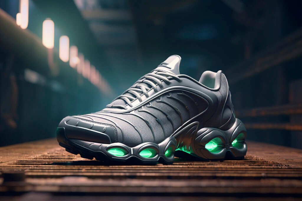 close up futuristic sneakers urban setting 1